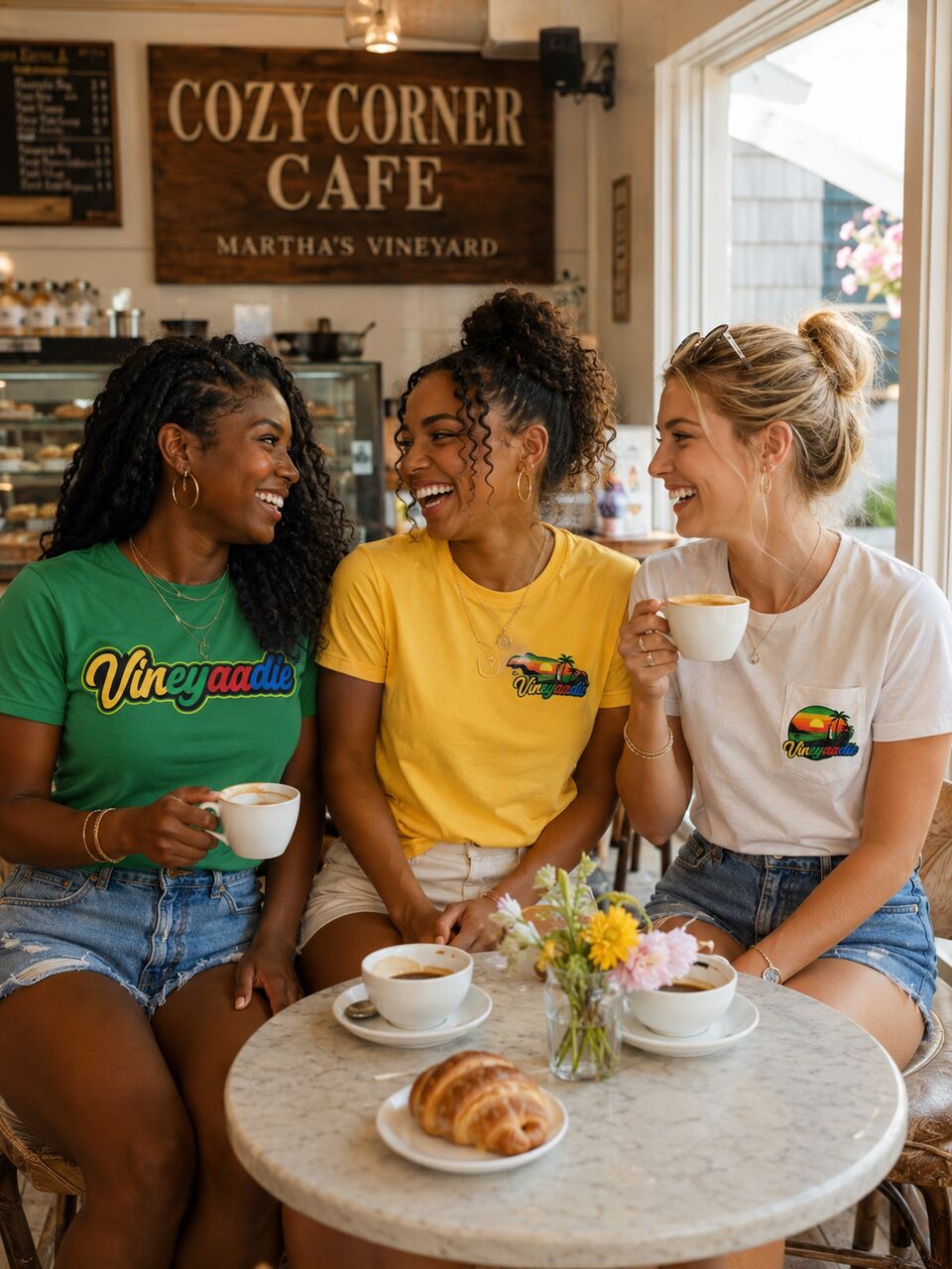 Three friends laughing over coffee at a Martha's Vineyard cafe in Vineyaadie tees