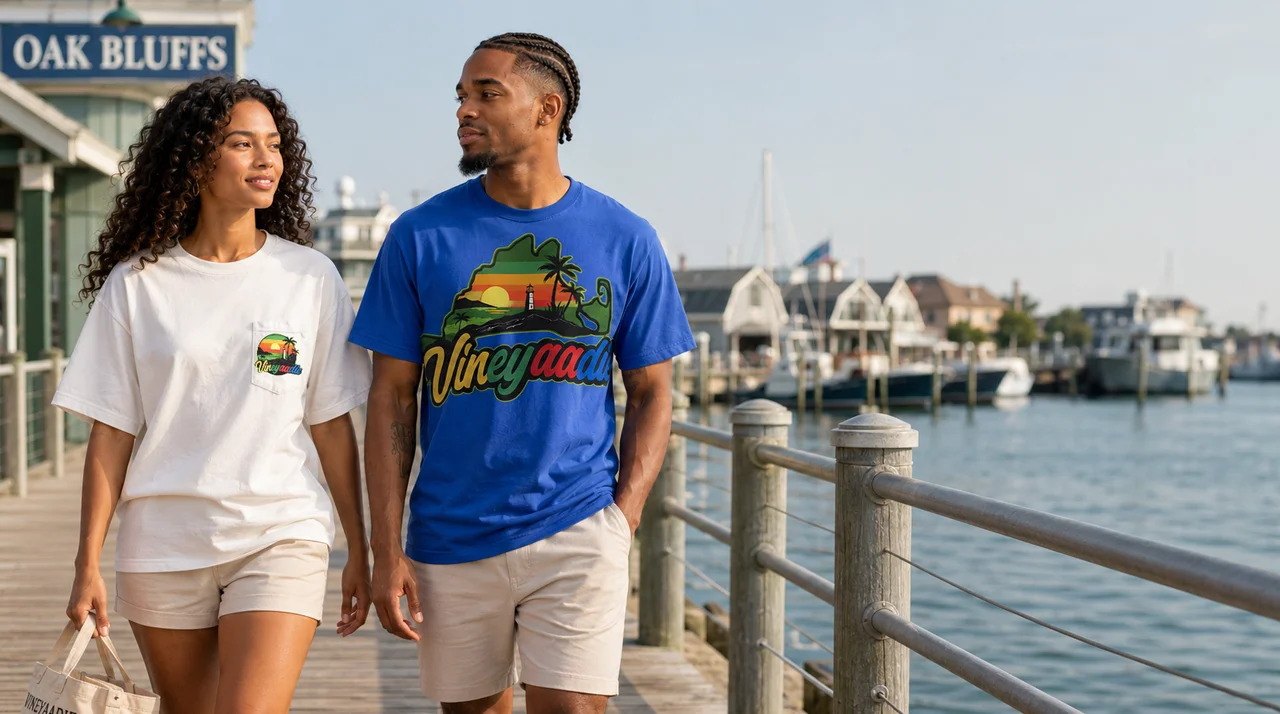Two friends in Vineyaadie tees on a Martha's Vineyard dock at golden hour