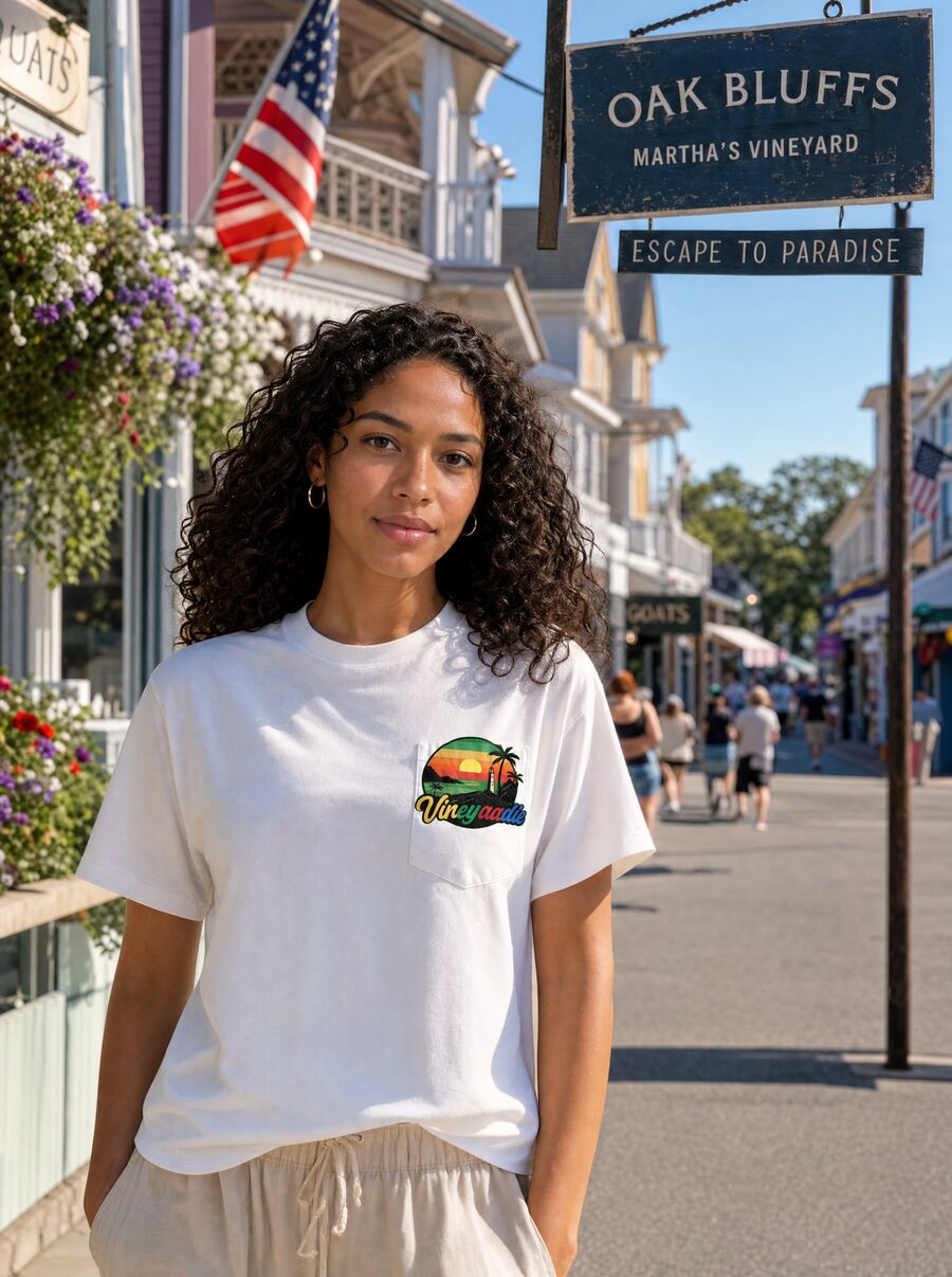 Model in a white Vineyaadie tee on a sunny Oak Bluffs street
