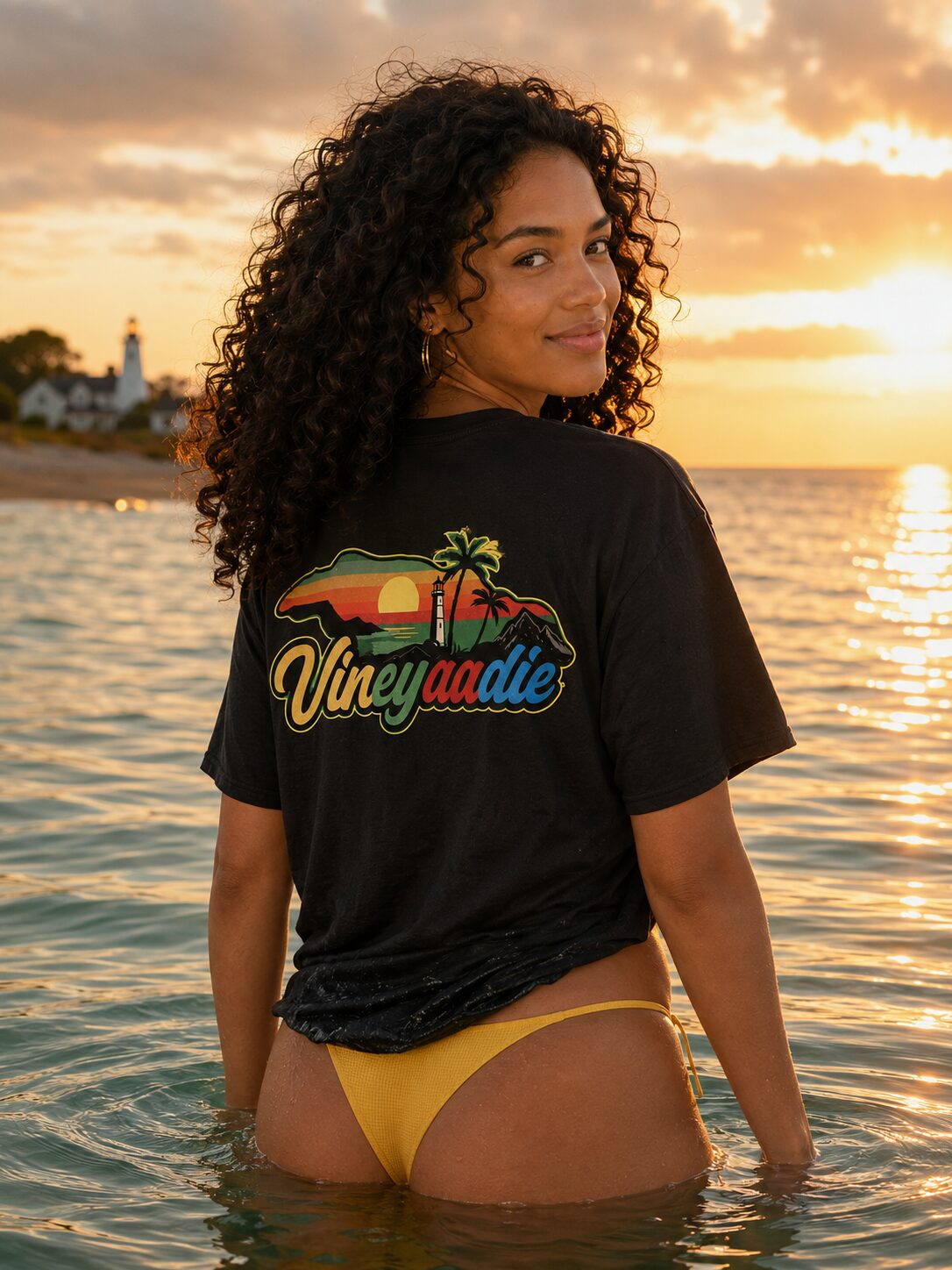 Model wearing the black Martha's Vineyard Map T-Shirt in the sea at golden hour