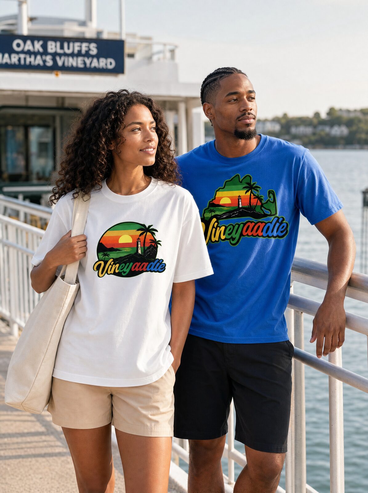 Two models wearing white Sunset Circle and blue Martha's Vineyard Map T-Shirts at Oak Bluffs harbor