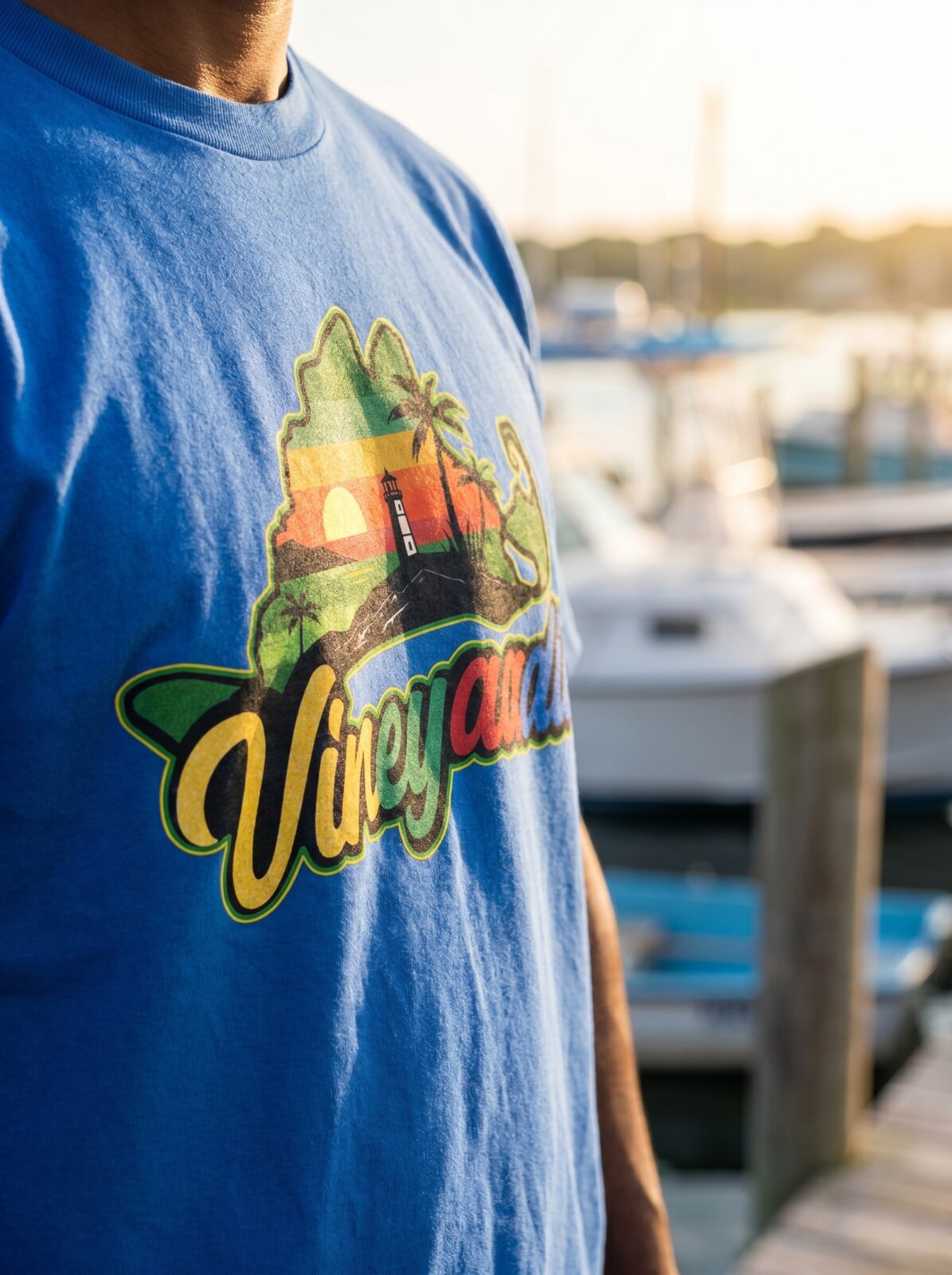 Close-up of the blue Martha's Vineyard Map T-Shirt artwork at the harbor