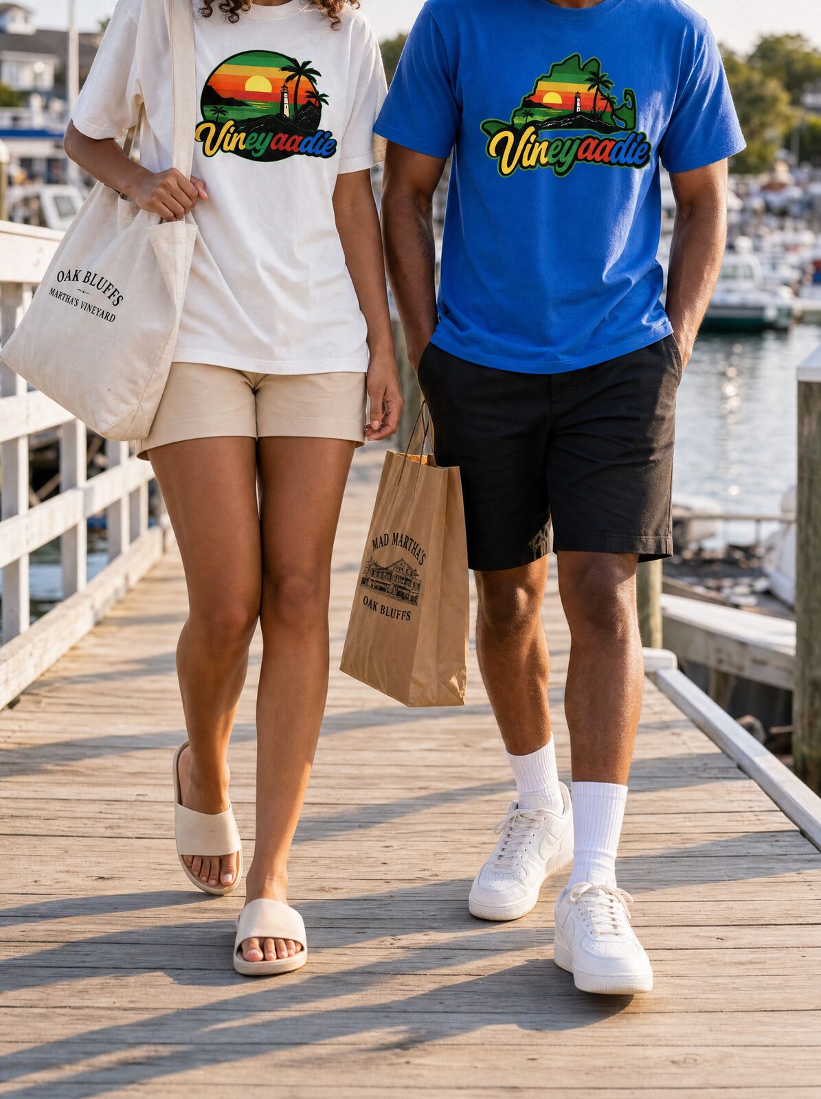Friends wearing white Sunset Circle and blue Martha's Vineyard Map T-Shirts on the dock