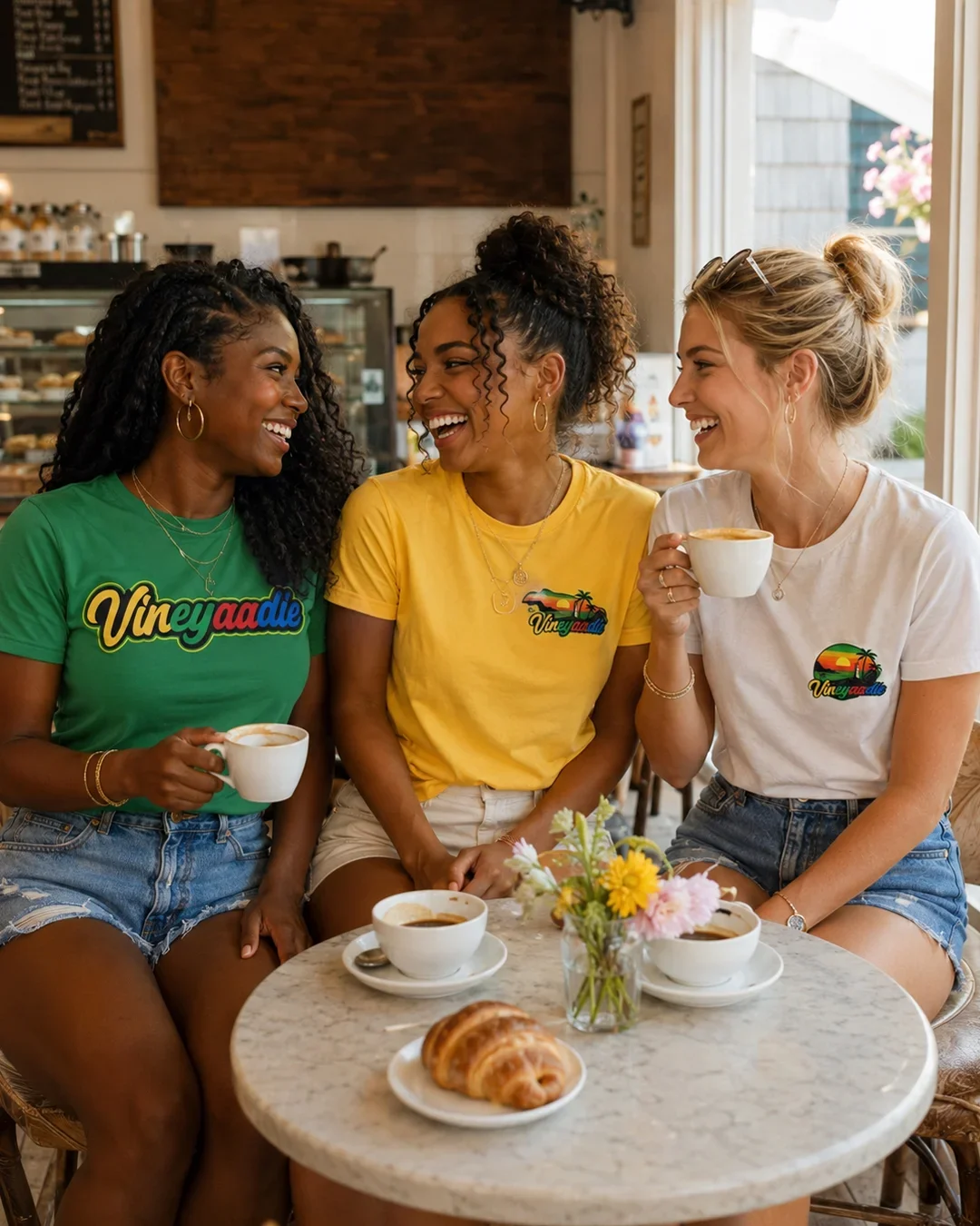 Friends wearing green Wordmark, yellow Sunset Circle and white Sunset Circle Vineyaadie T-Shirts at a cafe