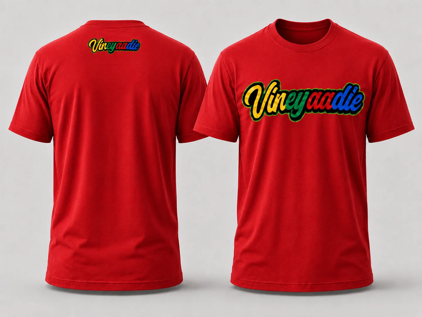 Vineyaadie Wordmark T-Shirt in Red, front and back product mockup